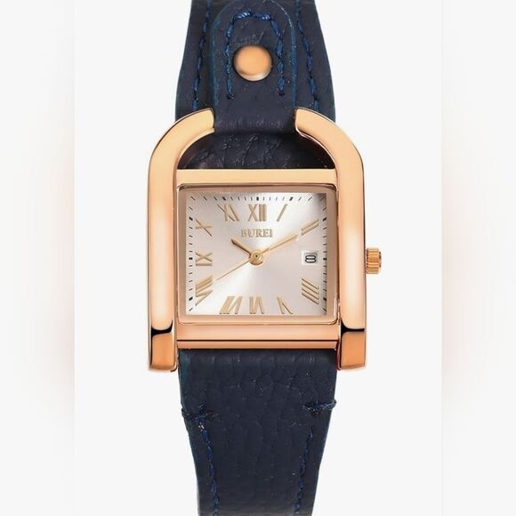 ?⏭️NIB Blue Leather Strap Horseshoe Shaped Square Case Quartz Watch main image 13